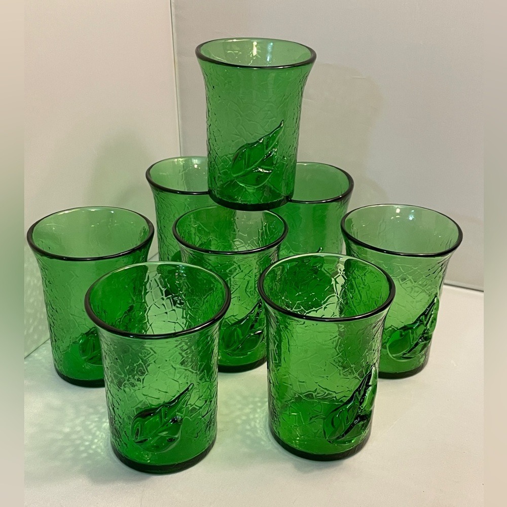 8 Rare Midcentury Crackle Glasses w/ Applied Art Glass Leaf by Bonita‎ Art Glass